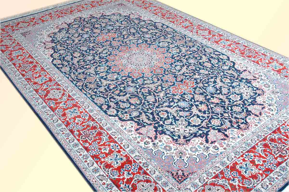 Exquisite Perser Teppich aus der Isfahan Manufaktur – Zaarean Kollektion in Rot und Dunkelblau mit Medaillonmuster